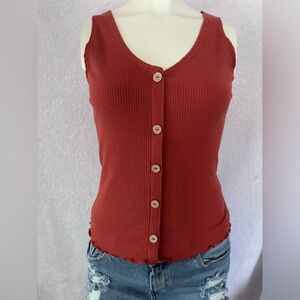 No Boundaries Ribbed‎ Tank Top Button Front Sleeveless Casual Top Rust M